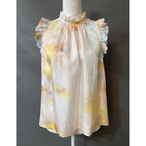 Marie Oliver Silk Blend Sleeveless Ivory Watercolor Top Ruffles Size M - flaws